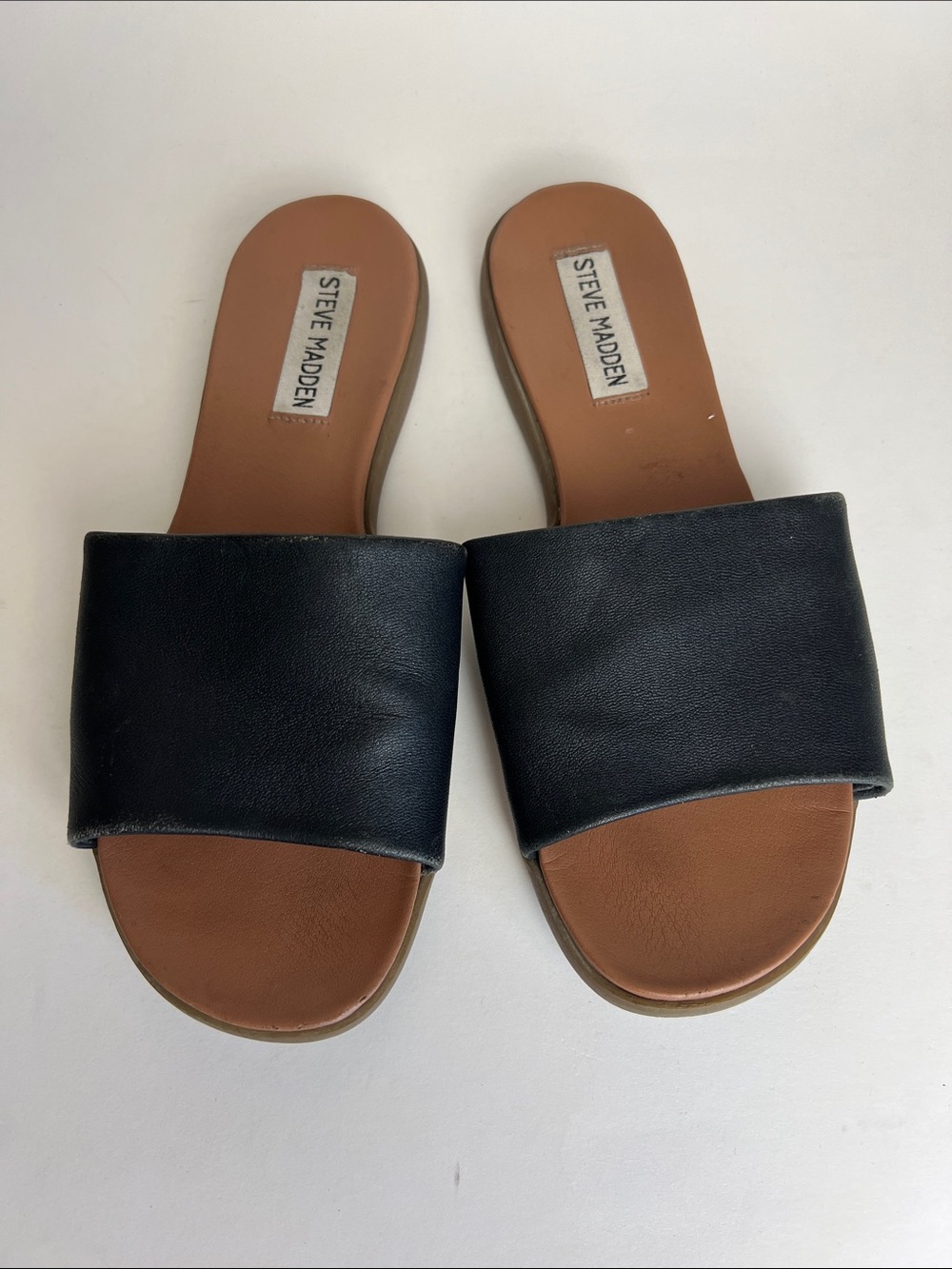 Steve Madden Black Leather Wide-Band Slide Sandals